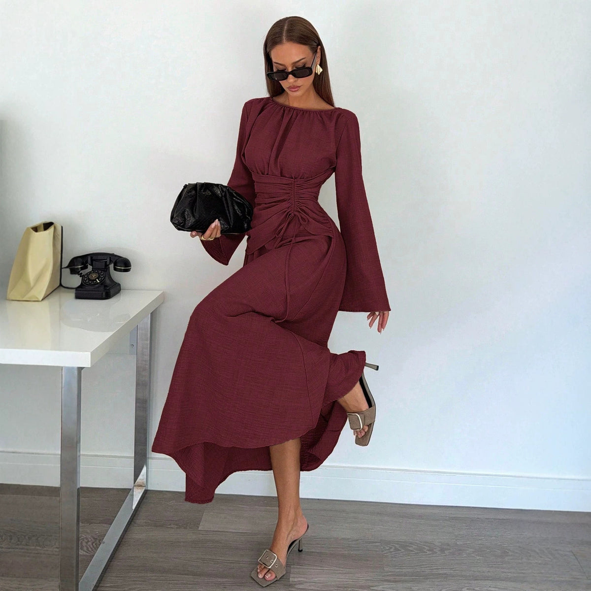 Ladies Max Dress with gathered waist lacing and bell sleeves Fashion Glam