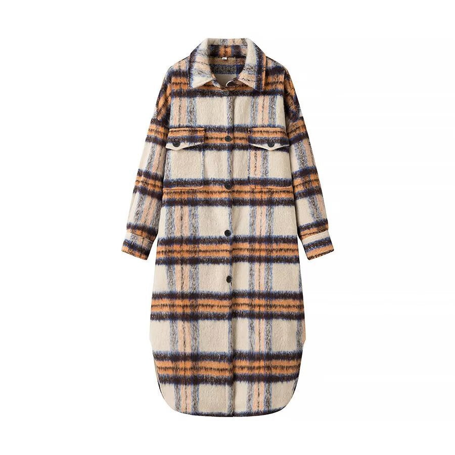 Women’s Oversize Checked Teddy Longline Shirt Coat with Applied Breast Pockets Fashion Glam