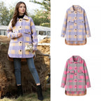 Women Oversize Checked Shirt Jacket with Applied Flap Pockets and Extended Hem Fashion Glam