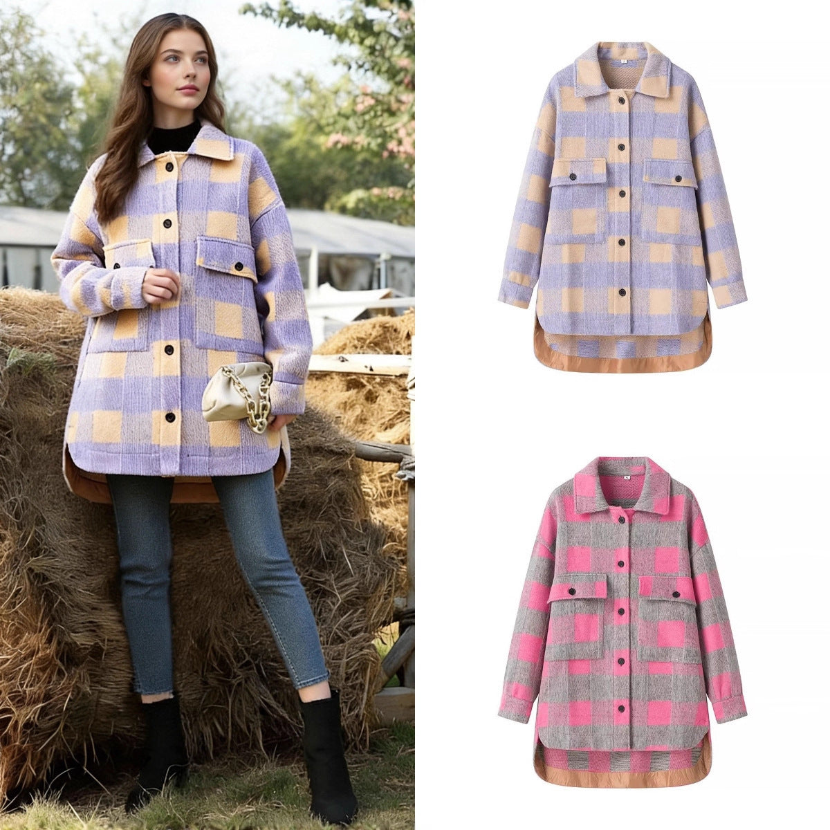 Women Oversize Checked Shirt Jacket with Applied Flap Pockets and Extended Hem Fashion Glam