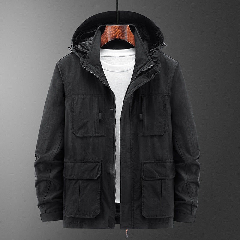 Men's Lightweight Outdoor Field Jacket with Hood, four patch pockets and concealed zipper Fashion Glam