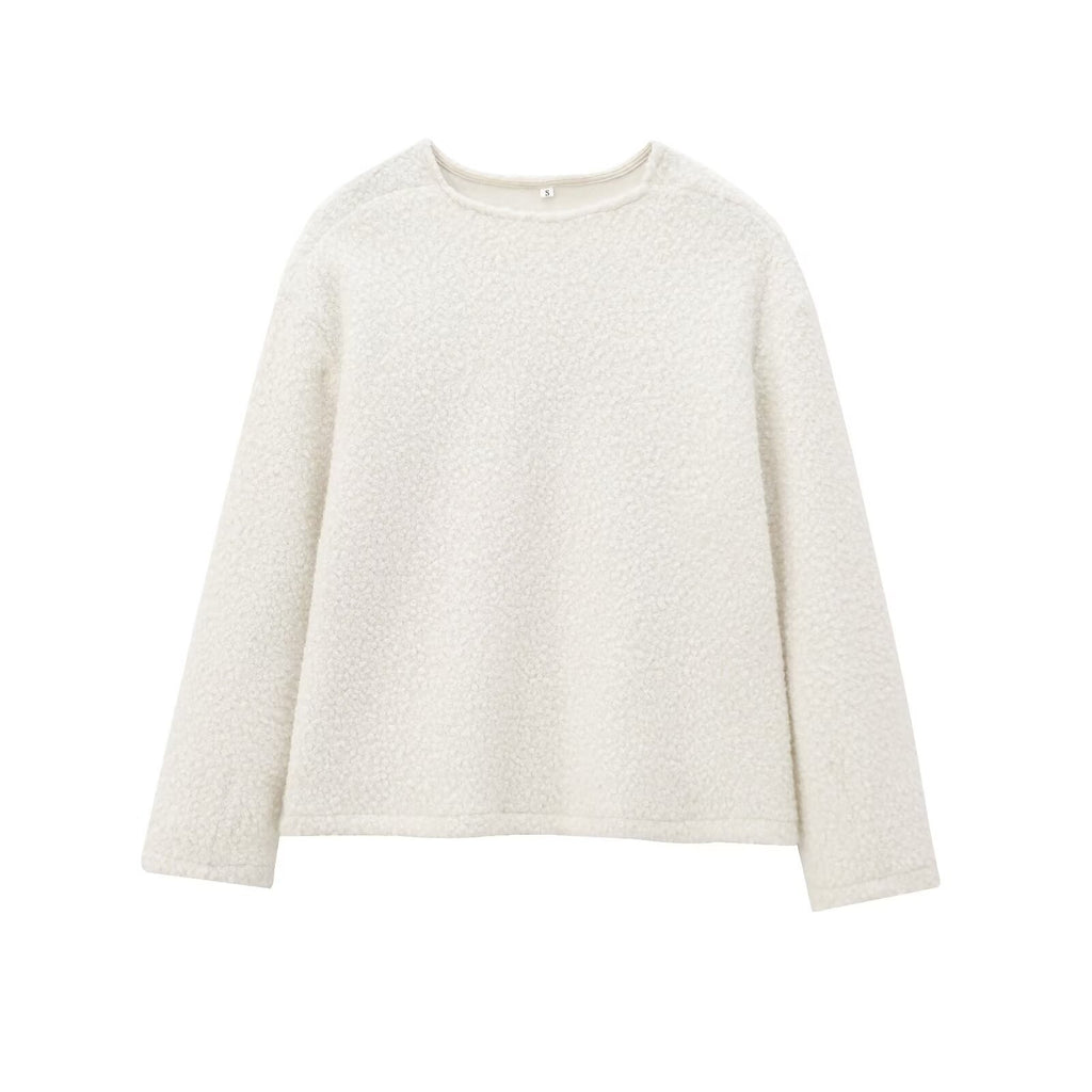Women's Cozy Boucle Sweater with Round Neck and Straight Hem Fashion Glam