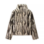 Women's Short Cut Faux Fur Jacket with Contrasting Spot Pattern and Stand Collar Fashion Glam