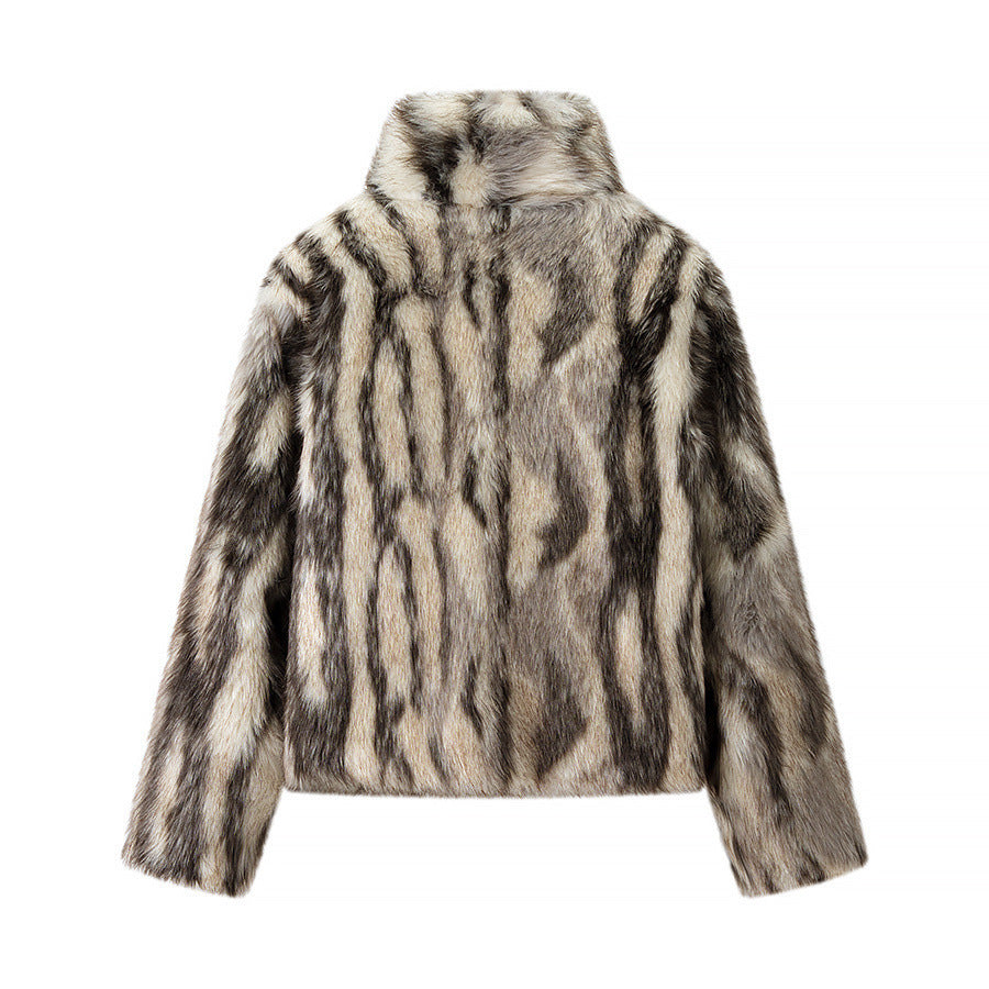 Women's Short Cut Faux Fur Jacket with Contrasting Spot Pattern and Stand Collar Fashion Glam