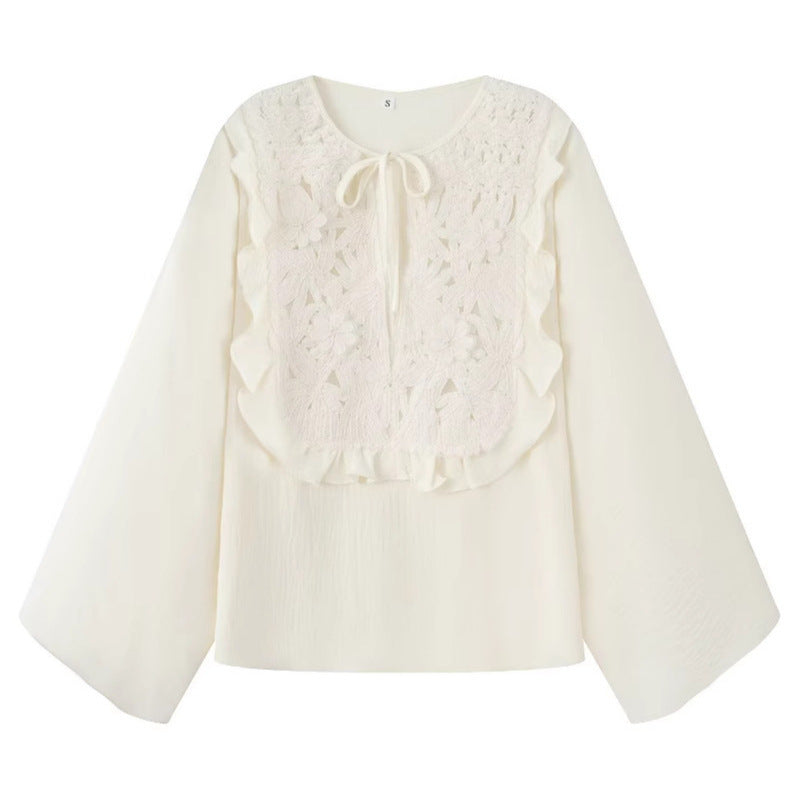 Women Romantic Blouse with Floral Embroidery, Ruffle Bib and Wide Bell Sleeves Fashion Glam
