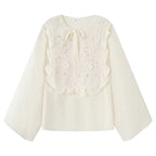 Women Romantic Blouse with Floral Embroidery, Ruffle Bib and Wide Bell Sleeves Fashion Glam