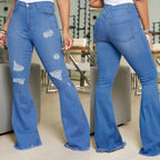 Ladies' waist-fitting flared jeans with ripped inserts and raw hem Fashion Glam