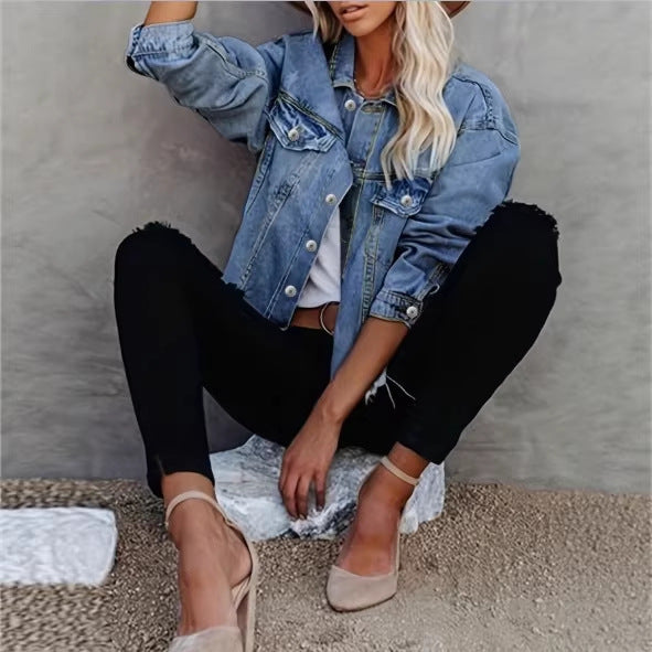 Women's Short Cut Oversized Denim Jacket with Frayed Hem and Flap Pockets Fashion Glam