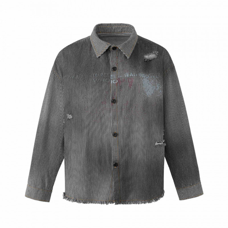 Unisex Boxy Overshirt Jacket made of Fine Cord with Used Effect, Fringes and Button Placket Fashion Glam