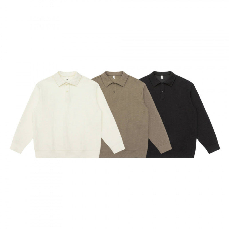 Unisex Long-Sleeve Knit Polo Shirt Sweater with Boxy Fit and Waffle Texture Fashion Glam