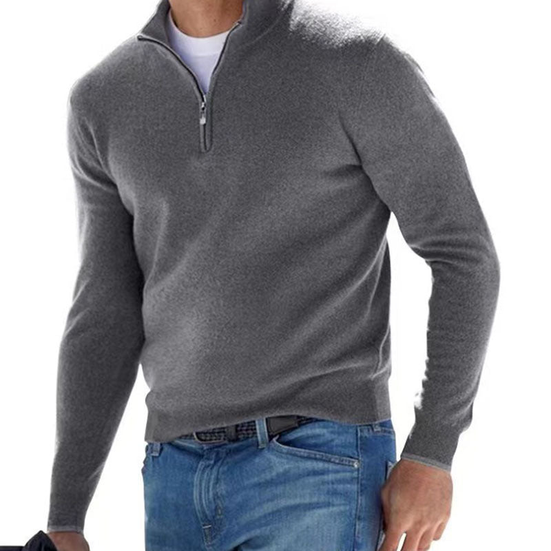 Men's Fine Knit Sweater with Short Zipper and Troyer Collar Fashion Glam