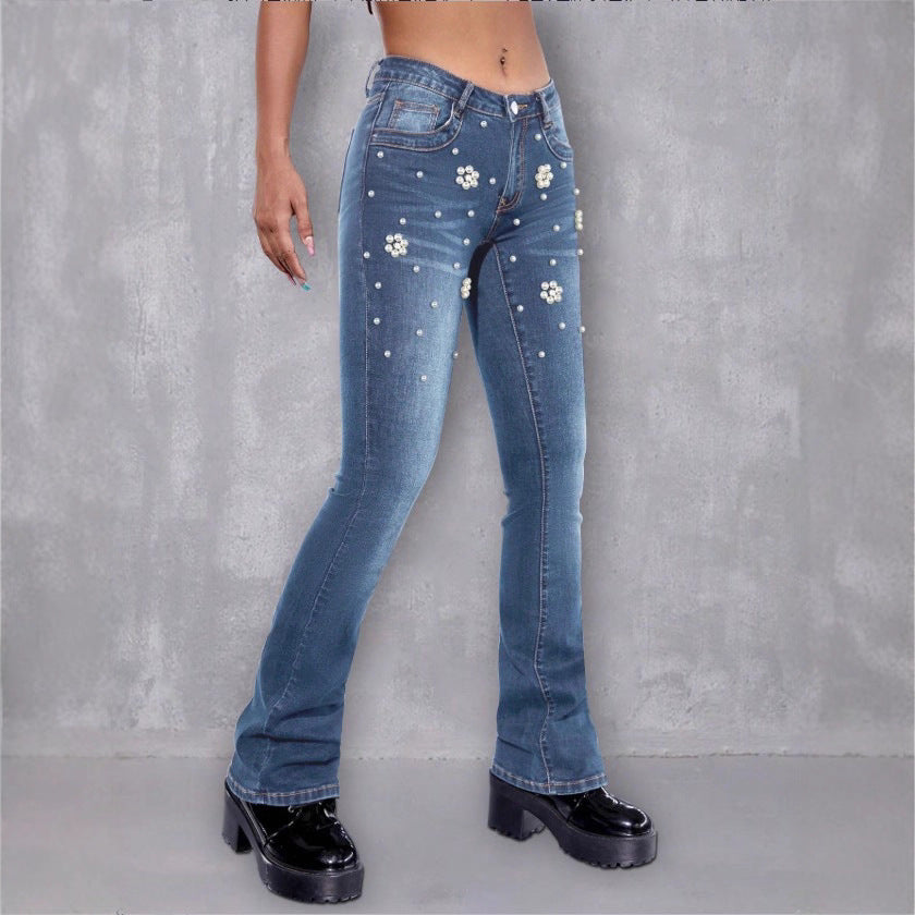 Women's slim bootcut jeans with pearl and flower appliqués Fashion Glam