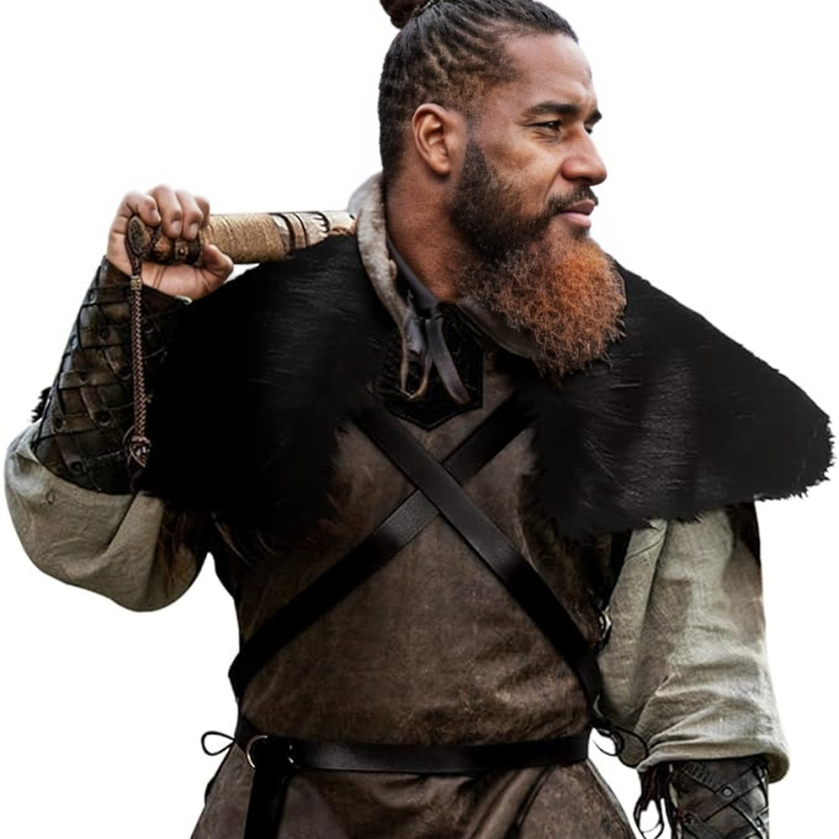 Men's Medieval Leather Jerkin with Faux Fur Shoulder Cape and Braided Arm Guards Fashion Glam