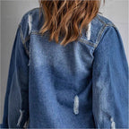 Women Casual Oversized Denim Jacket with Destroyed Details, Shirt Collar and Fringed Hem Fashion Glam