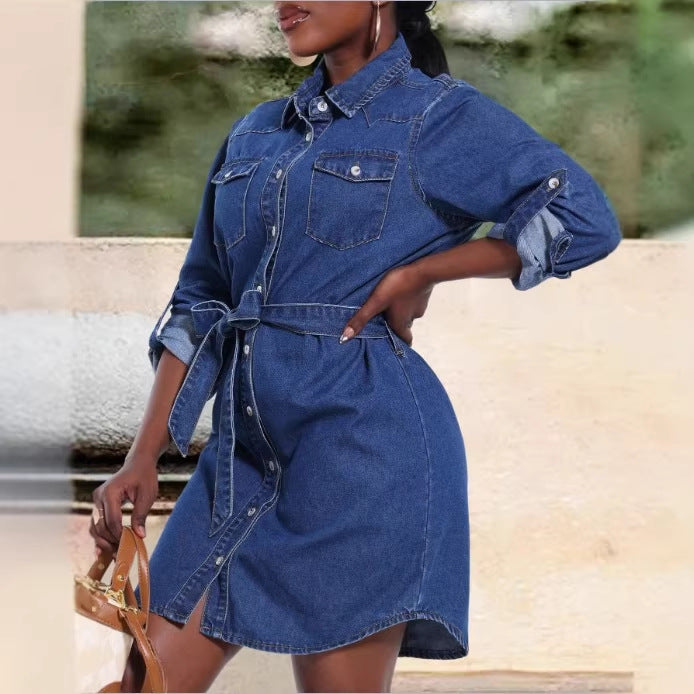 Women's denim shirt dress with waist belt and patch breast pockets Fashion Glam