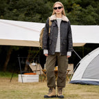 Women's Oversized Faux Leather Field Jacket with Detachable Teddy Collar and Flap Pockets Fashion Glam