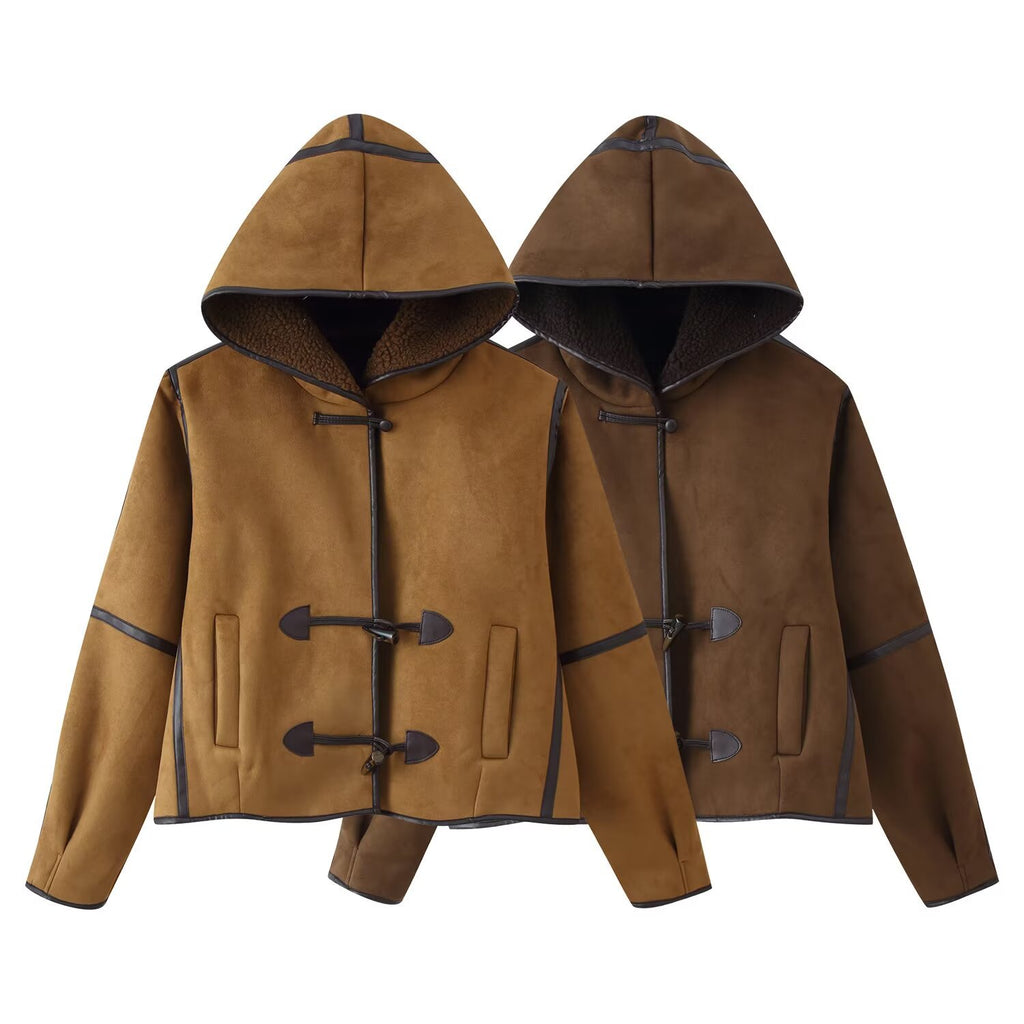 Women's Short Hooded Sheepskin Imitation Duffle Jacket with Toggle Fastenings Fashion Glam