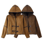Women's Short Hooded Sheepskin Imitation Duffle Jacket with Toggle Fastenings Fashion Glam
