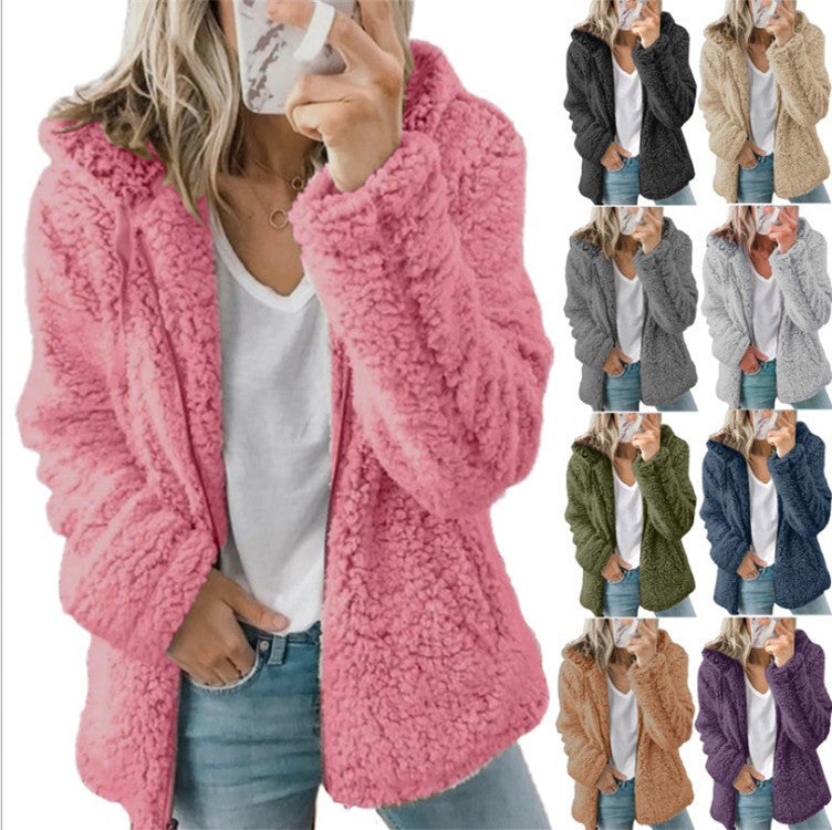 Women's fleece teddy jacket with hood, oversized cut and zipper Fashion Glam