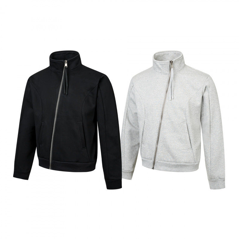 Unisex Short-cut Sporty Zip Jacket with diagonal zip, stand-up collar and side pockets Fashion Glam