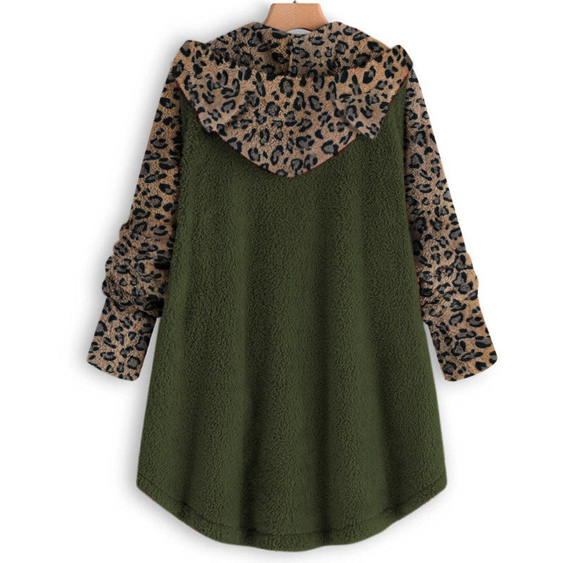 Women's teddy coat with hood, button placket, and contrasting leopard sleeves Fashion Glam