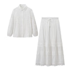 Ladies Two-Piece Embroidered Anglaise Set with Button Blouse and Tiered Maxi Skirt Fashion Glam