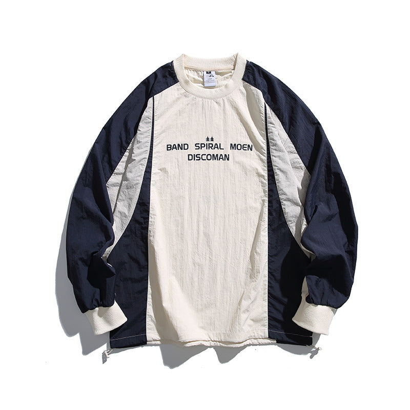 Unisex Loose-Fit Retro Sporty Long Sleeve Shirt with Contrast Panels and Drawstring Hem Fashion Glam