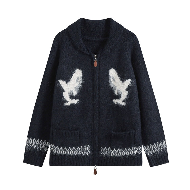 Women’s cardigan with zipper, shawl collar and whale intarsia Fashion Glam
