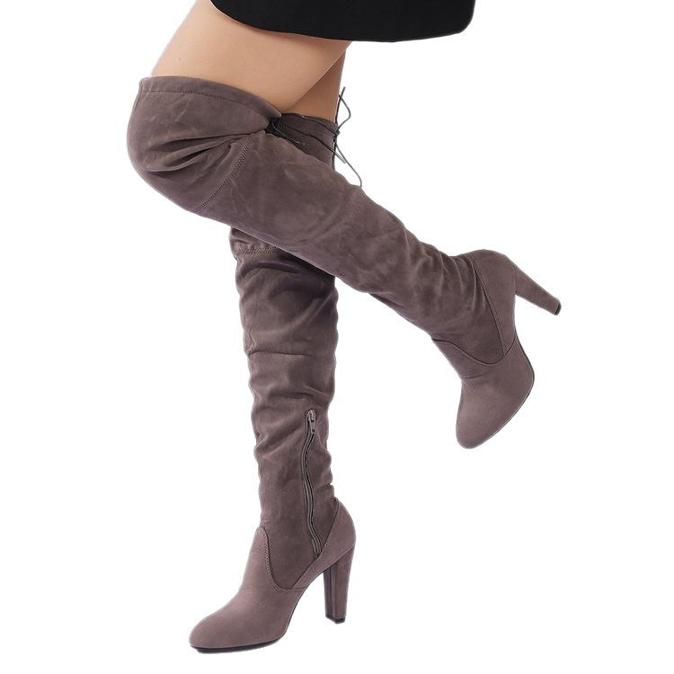 Women's Over-the-Knee Boots made of Suede with High Block Heel and Side Zipper Fashion Glam