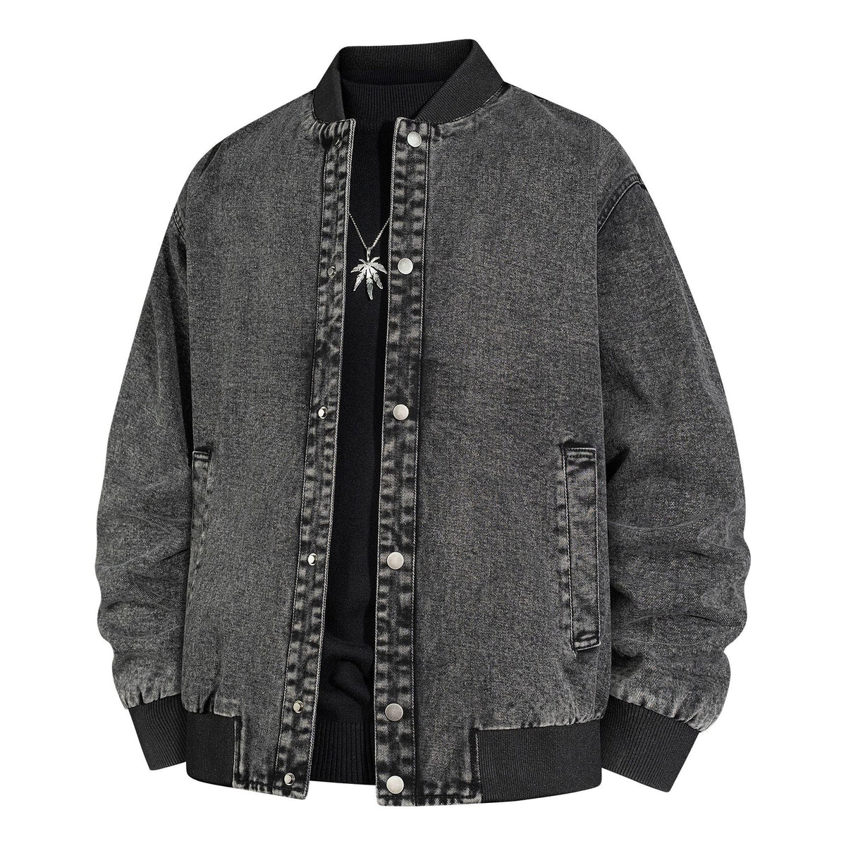 Men's Denim Bomber Jacket with Ribbed Collar and Snap Button Closure Fashion Glam