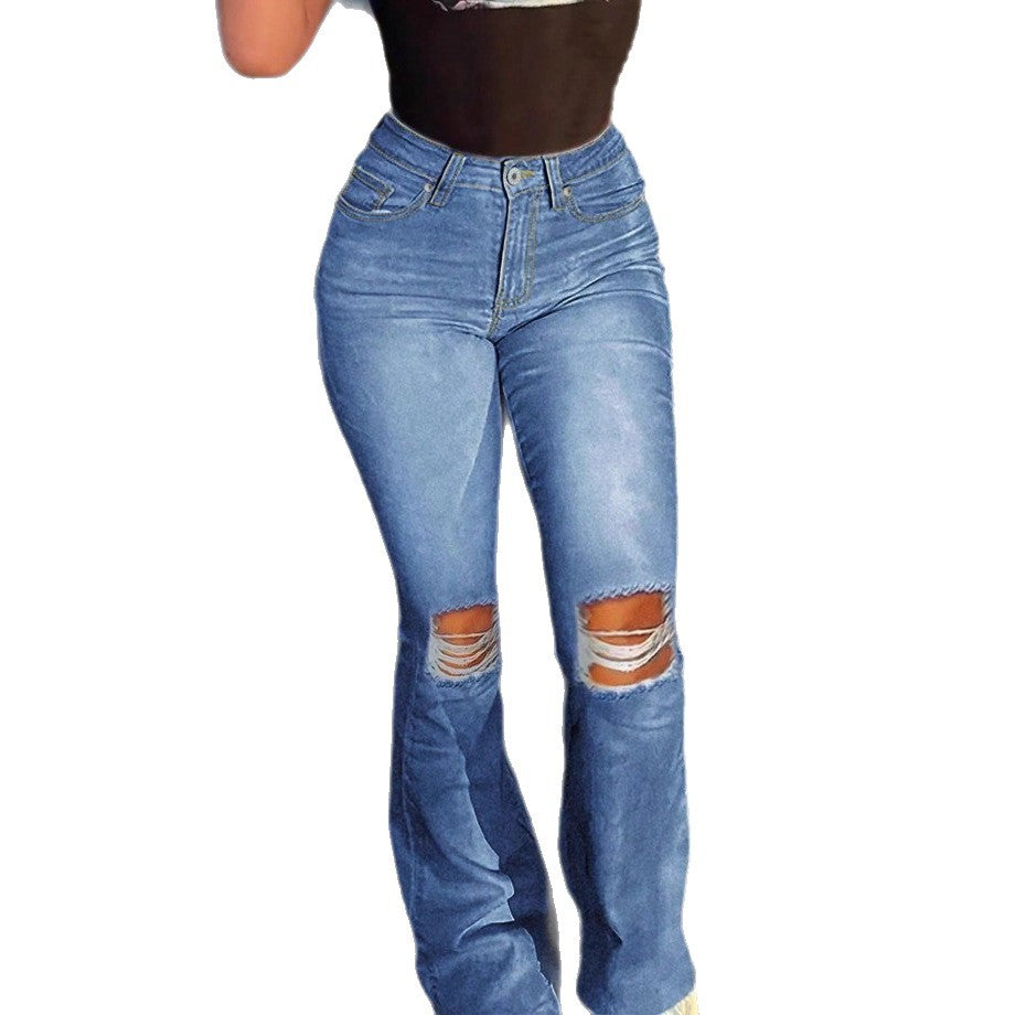 Ladies High-Waisted Flared Jeans in Retro Cut with Knee Rip and Extended Hem Fashion Glam