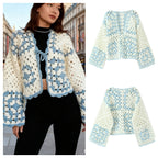 Women Crocheted Granny-Square Cardigan with Wide Sleeves and Ties Fashion Glam