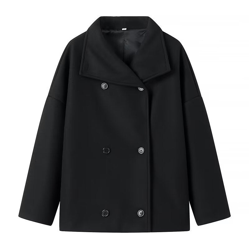 Women Oversize Short Coat in Boxy Peacoat Style with Wide Lapels and Double Breasted Fashion Glam