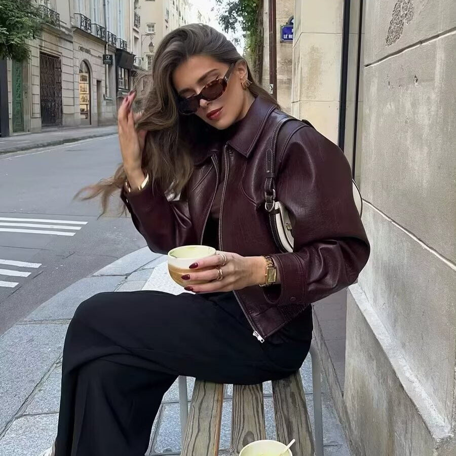 Women's Shiny Leather-Look Blouson Jacket with Shirt Collar, Zipper and Elastic Hem Fashion Glam