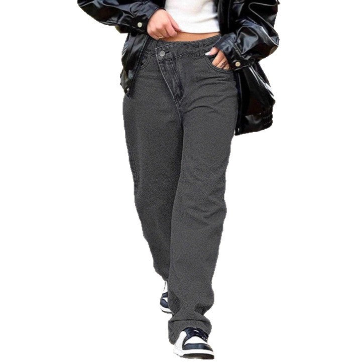 Women high-waisted loose-fitting jeans with wide legs and asymmetrical button placket Fashion Glam