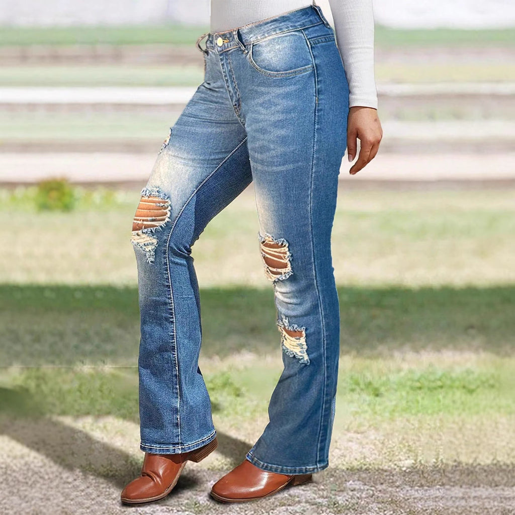 Women's waist-accentuated stretch denim jeans with flared leg and prominent knee rips Fashion Glam