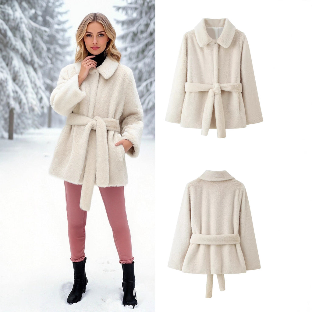 Women's short coat made of cuddly faux fur with shirt collar and tie belt Fashion Glam