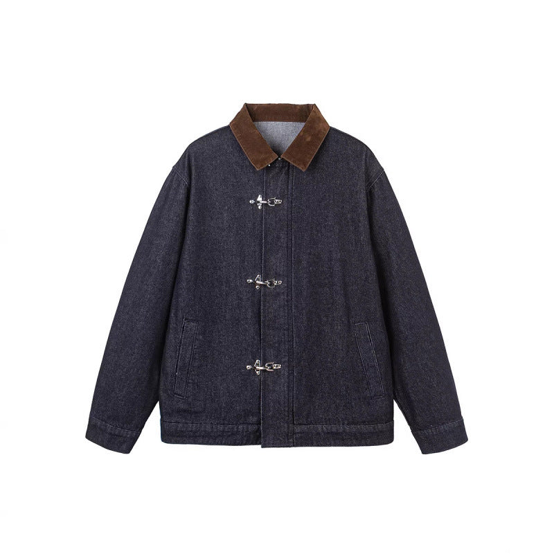 Men's Boxy Denim Jacket with Cord Collar and Metal Toggle Closures Fashion Glam