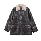 Women's Oversized Faux Leather Field Jacket with Detachable Teddy Collar and Flap Pockets Fashion Glam