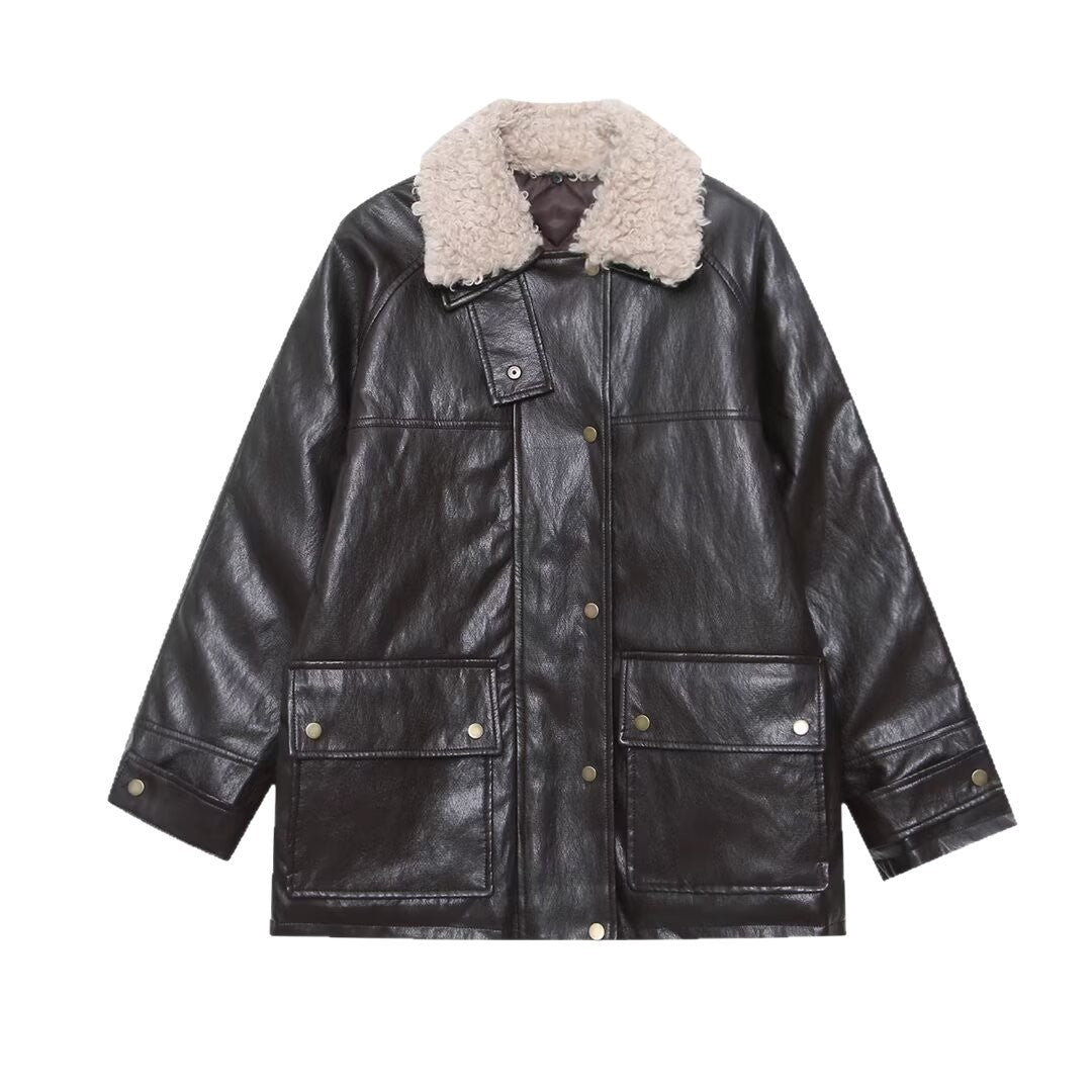 Women's Oversized Faux Leather Field Jacket with Detachable Teddy Collar and Flap Pockets Fashion Glam