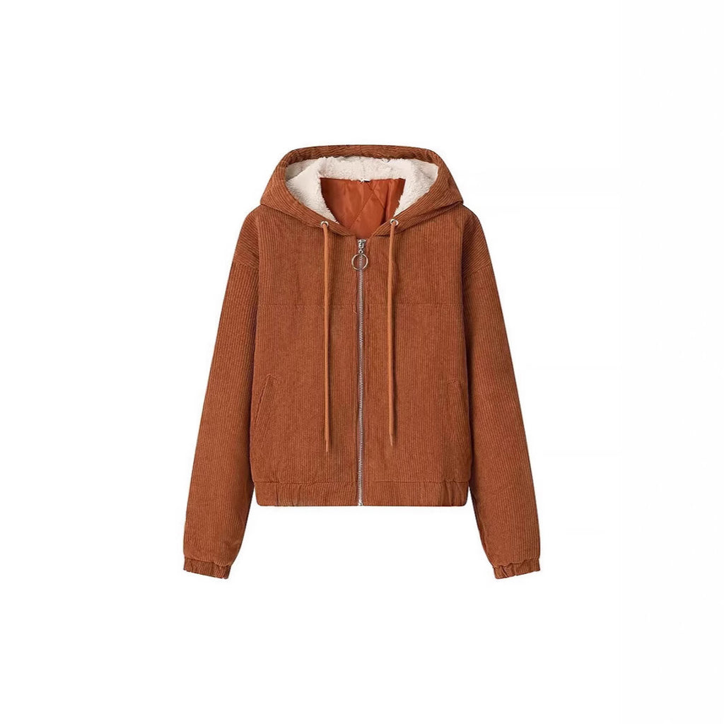 Ladies Cord Jacket with Hood, Teddy Lining and Ring Zipper Fashion Glam