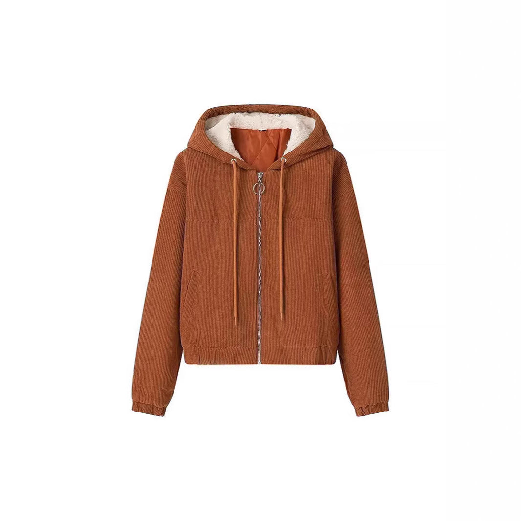 Ladies Cord Jacket with Hood, Teddy Lining and Ring Zipper Fashion Glam