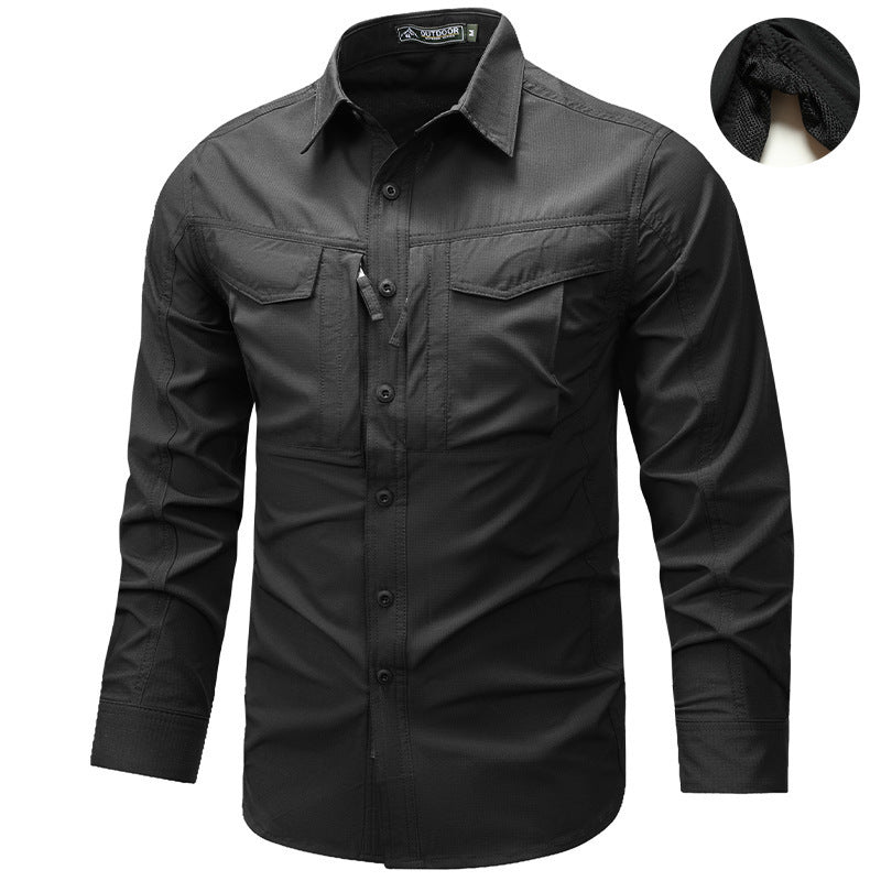 Men's Long Sleeve Outdoor Shirt with Ripstop, Chest Pockets and Zipper Pocket Fashion Glam