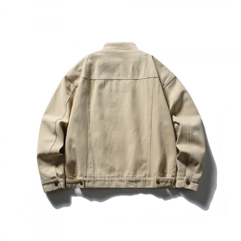 Men's Boxy Canvas Jacket with Stand-Up Collar, Zipper and Seam Panels Fashion Glam