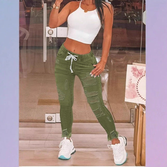 Women's waist-accentuated denim joggers with drawstring, ripped details & sculpting effect Fashion Glam