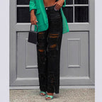 Ladies high-waisted destroyed jeans with wide legs and large knee rips Fashion Glam