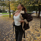Women's Casual Aviator Biker Jacket in Vintage Leather Look with Sherpa Lining Fashion Glam