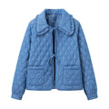 Women Short Quilted Jacket with Ruffled Collar, Ties and Patch Pockets Fashion Glam