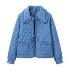 Women Short Quilted Jacket with Ruffled Collar, Ties and Patch Pockets Fashion Glam