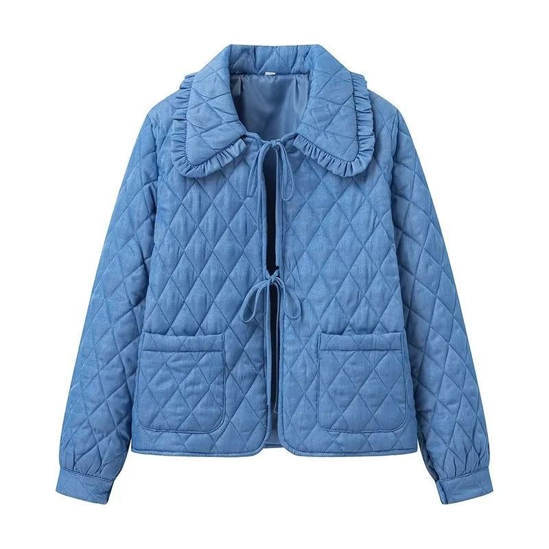 Women Short Quilted Jacket with Ruffled Collar, Ties and Patch Pockets Fashion Glam